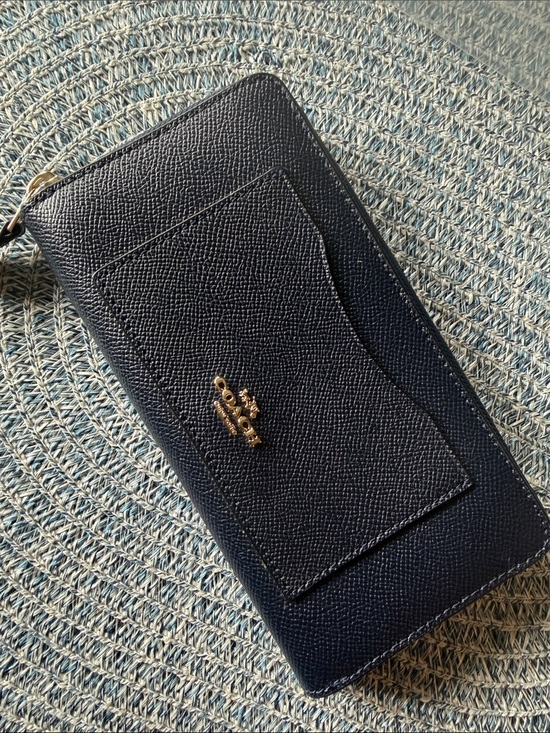 Coach Handbags - Coach Navy Textured Leather Zip Wallet with External Card Slot and Gold Logo
